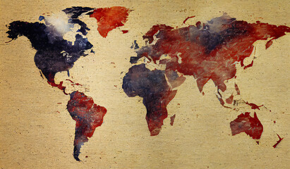 Old colorful texture world map, blue and red, for vintage poster of the planet