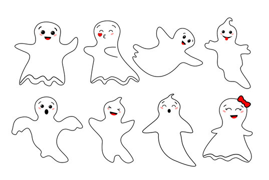 Halloween Ghost Silhouette set. Vector Illustration, Doodle Style,
