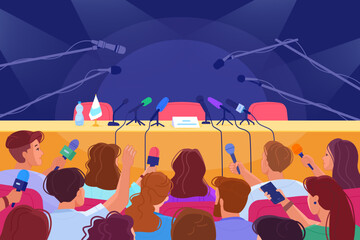 Press conference table. Crowd journalists with microphones in speech auditorium empty scene for news report interview politician forum or media person, swanky vector illustration - obrazy, fototapety, plakaty