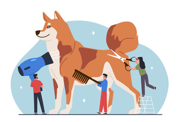 Pet grooming. Big dog with tiny people, groomers hold scissors, comb and hair dryer, hygiene and animal care, professional beauty for puppy, nowaday vector cartoon flat isolated concept