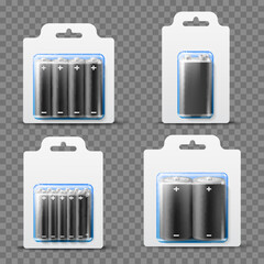 Realistic battery packages. Different sizes and types mockup, electrical li ion alkaline components in transparent blisters, blank labels, electric 3d isolated objects utter vector set