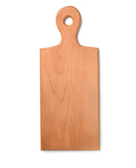 Wooden cutting board isolated on white, top view.