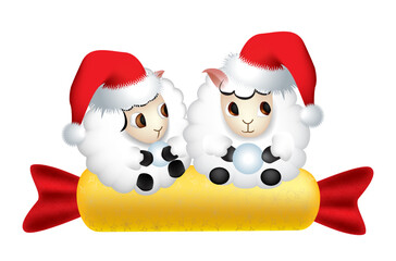 Fun lambs in santa claus hats with sweet christmas, candy play snowballs