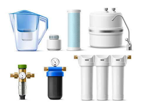 Realistic water filter. Drink cleaners, home water purification systems, spare cartridges, jug, flow and reverse osmosis, natural fresh pure aqua, 3d isolated elements, utter vector set