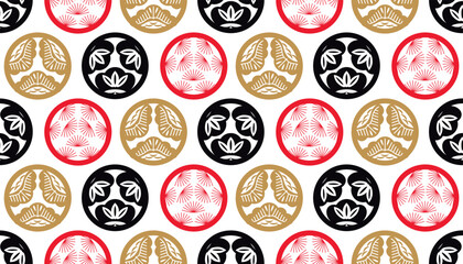 Beautiful japanese seamless pattern with clouds, waves, Daruma,  plum, fan, sakura flower Vector template kimono asian texture. For printing on packaging, textiles, paper,fabric, manufacturing, wallpa