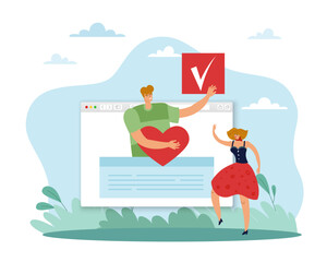 Verified identity, approval control and positive authorization process. Browser or social media page with approved sign and heart, profile validation. Vector cartoon flat concept