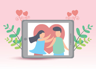 lovely joyful couple love in tablet with heart valentine day  shopping on pink background vector for online shopping banner sale design in online shop for sale decorate valentine day festival