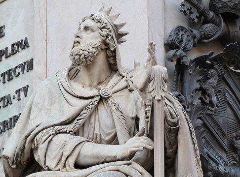 King David Statue on the Column of the Immaculate Conception Close Up at Piazza Mignanelli Square in Rome, Italy