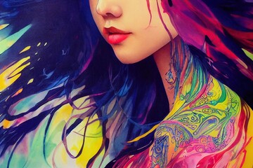 Drawing of half of the girl's face with bright colors in watercolor