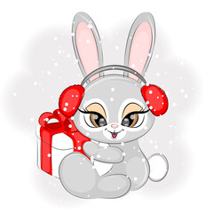 Christmas Cute bunny in fur headphones with a gift, vector illustration