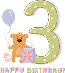 Happy birthday Teddy bear with number 3