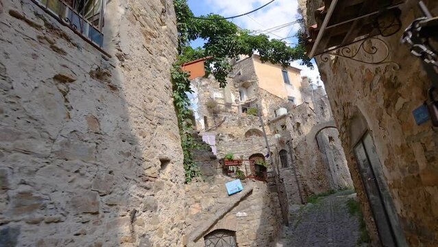Video scene from the abandoned destroyed Italian village of Bussana Vecchia near San Remo during the day