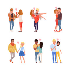 Loving Couples of Man and Woman Holding Hands, Kissing and Embracing Vector Set