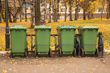Garbage cans in the city.Garbage collection in the city.