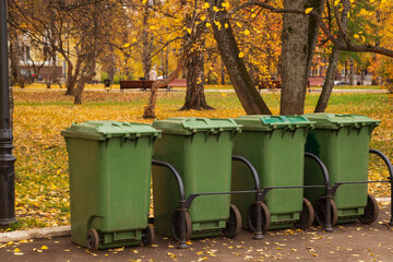 Garbage cans in the city.Garbage collection in the city.