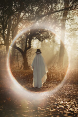 A ghost covered with a white ghostly leaf wearing a hat in the forest for Halloween. Halloween...