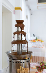 Chocolate fountain at the party. Celebration party with a chocolate fountain.