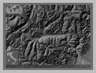 Valle d'Aosta, Italy. Grayscale. Labelled points of cities