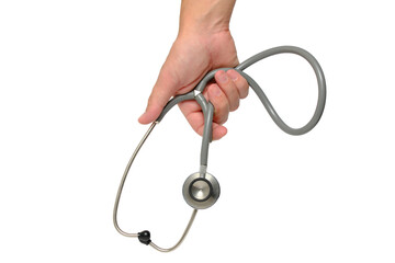 Male doctor hand holds a stethoscope, on a white background of isolate.Diagnostics heart, blood...