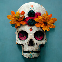Ilustración, calavera decorada temática día de muertos con flores