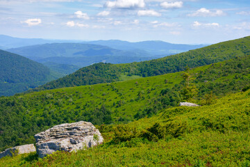 Naklejka premium alpine scenery of carpathian mountains. stones on the grassy hills. sunny weather with clouds above the distant ridge