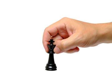 Black chess piece in hand on a white background.