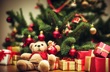 Fototapeta na wymiar Oso de peluche con regalos y árbol de navidad de fondo