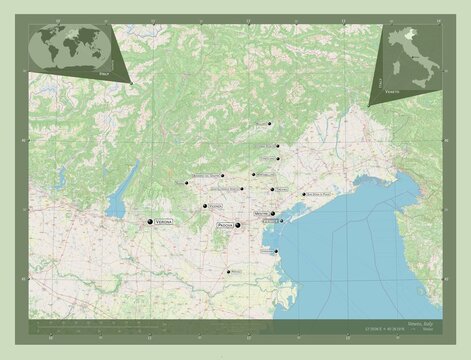 Veneto, Italy. OSM. Labelled points of cities