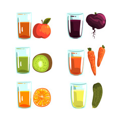 Glass of Fresh Squeezed Juice with Fruit and Vegetable Ingredient Rested Nearby Vector Set