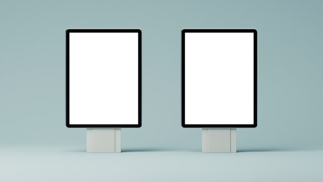 Blank 3d Mockup Of Two Outdoor Vertical Billboards On A Blue Background. Layout Or Template. 3d Rendering