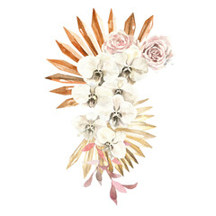 Boho floral bouquet. Dried flowers, leaves, english roses,  wheat, orchid, dried palm leaves,pampas grass. Trendy bohemian arrangement,frame, for Boho wedding invitation stationery,save the date,rsvp