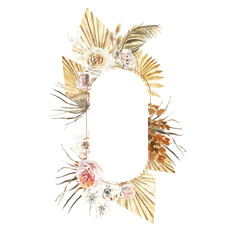 Boho floral frame. Gold, bronze, oval,round wreath. English roses,  palm leaves, pampas grass, dried flowers, leaves, wheat, orchid, Trendy bohemian arrangement for wedding invitation stationery.