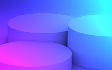 3d purple blue neon light cylinder podium minimal studio gradient dark colors background. Abstract 3d geometric shape object illustration render. Display for nightclub party and technology product.