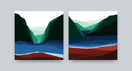 Mountain landscape square posters. Abstract contemporary nature background minimal scenery art print design. Vector set