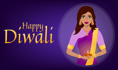 Happy Diwali Hindu festival. Indian festival of lights. Avatar of a beautiful Indian woman wearing sari and carrying lamp