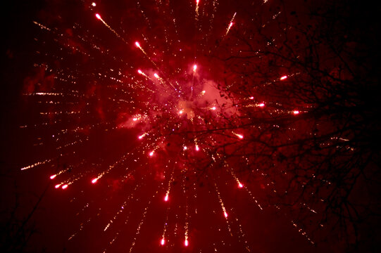 Huge fireworks explosions with all colors over a party in the park. In front of the black night sky