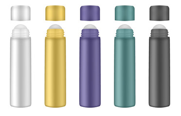 Set of roller ball bottles. Lip, eye roller bottle with cream, serum. Cosmetic product container mockup. White, gold, green, black and purple bottles	