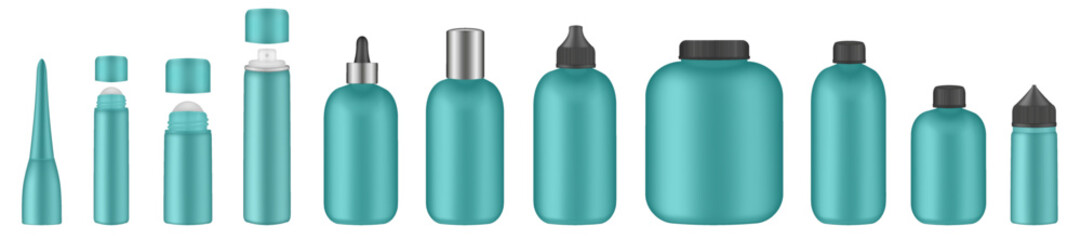 Set of aquamarine green tubes and bottles. Roller ball tube. Body antiperspirant deodorant roll-on, open and closed blank tubes with screw cap. Realistic mockup. Eye Cream Roll Ball. Dropper, atomizer