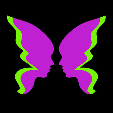 Silhouettes of two female faces with butterfly wings