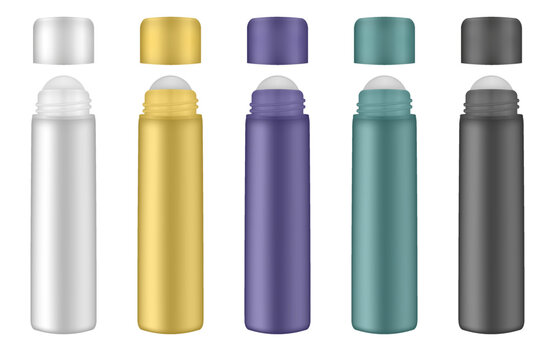 Set of roller ball bottles. Lip, eye roller bottle with cream, serum. Cosmetic product container mockup. White, gold, green, black and purple bottles	