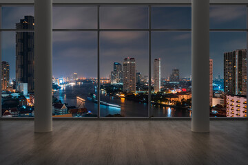 Empty room Interior Skyscrapers View Bangkok. Downtown City Skyline Buildings from High Rise Window. Beautiful Expensive Real Estate overlooking. Night time. 3d rendering.