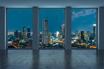 Fototapeta na wymiar Empty room Interior Skyscrapers View Bangkok. Downtown City Skyline Buildings from High Rise Window. Beautiful Expensive Real Estate overlooking. Night time. 3d rendering.