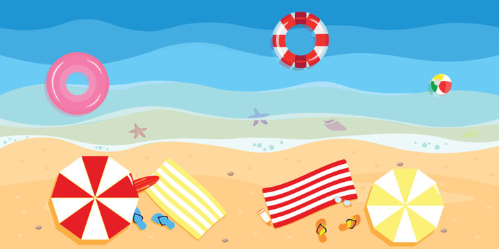 Vector illustration of a beautiful beach with a view from above. Cartoon landscape with beach umbrellas, slippers, glasses, sunscreen, bedspreads, inflatable rings in the sea.