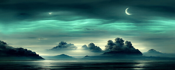 blue-green clouds over the sea, toned dark water, landscape, background