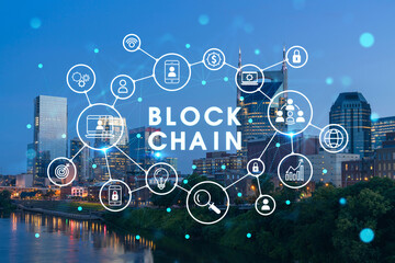Fototapeta premium Panoramic view of Broadway district of Nashville over Cumberland River at illuminated night skyline, Tennessee, USA. Decentralized economy. Blockchain, cryptocurrency, cryptography concept, hologram