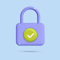 3d vector cartoon render security lock protection guarantee service logo design. Purple lock symbol with green check mark logo. Identification, rights of access, password and information, data.