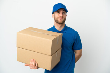 Delivery man over isolated white background and looking up