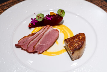 Roasted duck breast with seared foie gras - fine dining