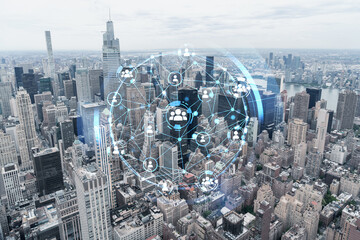 Aerial panoramic city view of Upper Manhattan, the East Side, river and Brooklyn on horizon, New York city, USA. Social media hologram. Concept of networking and establishing new people connections