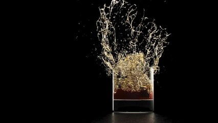 Super Slow Motion Detail Shot of Ice Drop into Glass with Whiskey - Powered by Adobe